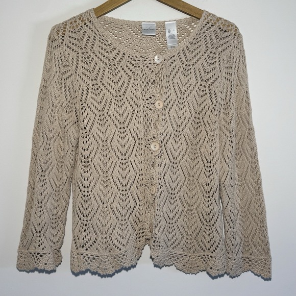 Emma James Sweaters - Emma James Womens Large Linen Blend Open Knit Cardigan Button Scallop Hem Tan